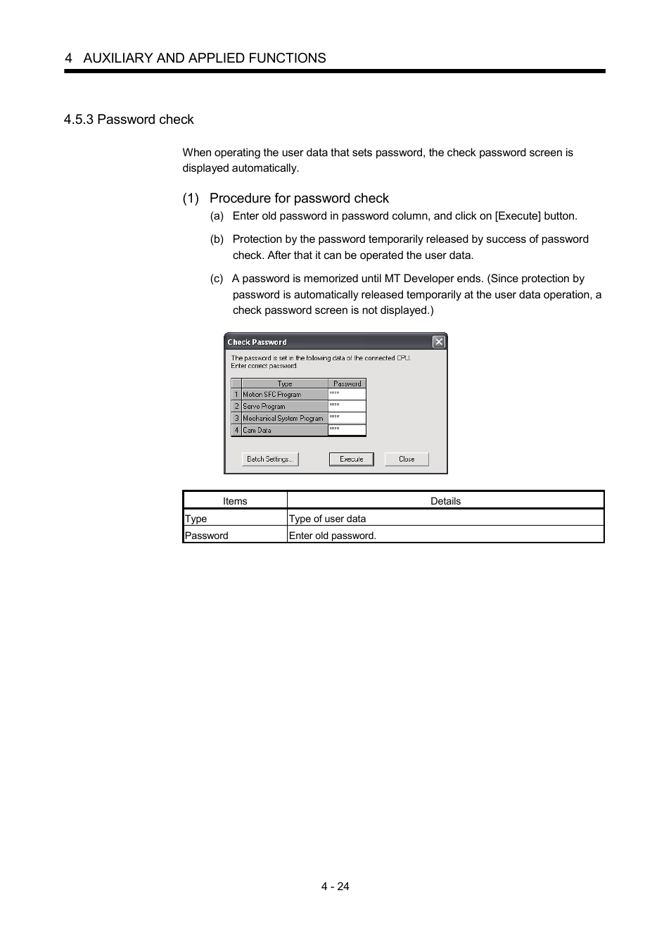 3 password check, 4 auxiliary and applied functions, 1) procedure for password check | MITSUBISHI ELECTRIC MOTION CONTROLLERS Q172DCPU User Manual | Page 115 / 174