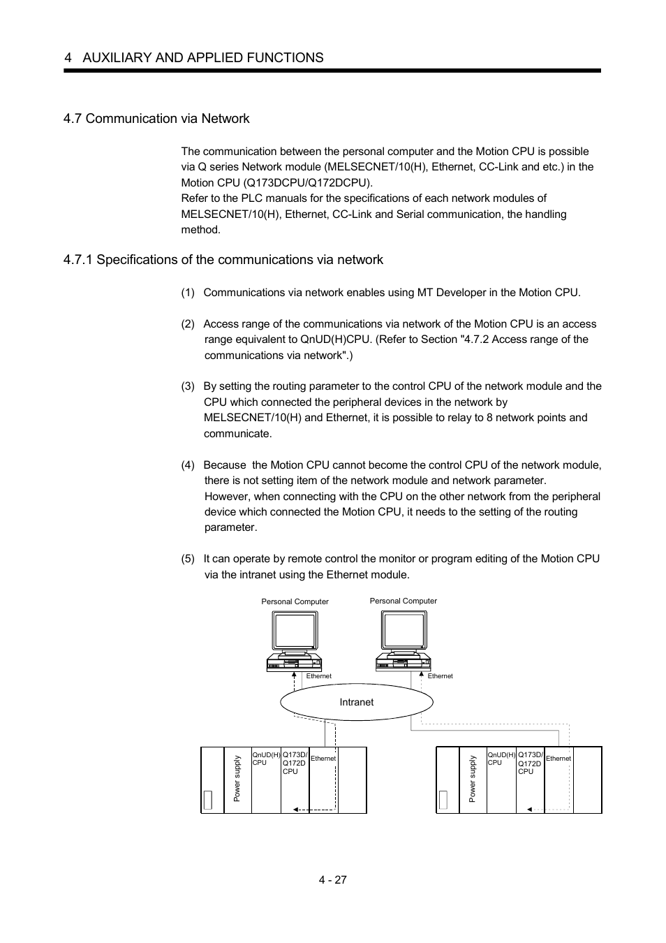 7 communication via network, 1 specifications of the communications via network, 4 auxiliary and applied functions | MITSUBISHI ELECTRIC MOTION CONTROLLERS Q172DCPU User Manual | Page 118 / 174