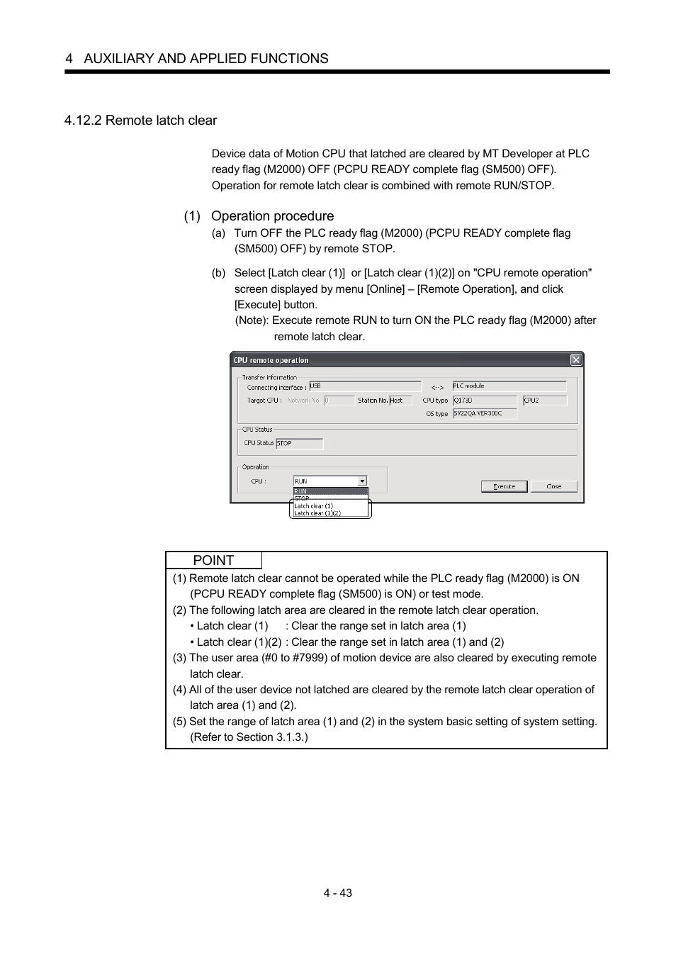 2 remote latch clear, 4 auxiliary and applied functions, 1) operation procedure | Point | MITSUBISHI ELECTRIC MOTION CONTROLLERS Q172DCPU User Manual | Page 134 / 174