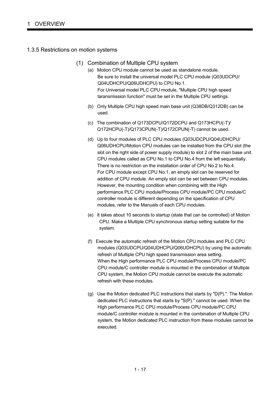 5 restrictions on motion systems, 1 overview | MITSUBISHI ELECTRIC MOTION CONTROLLERS Q172DCPU User Manual | Page 34 / 174