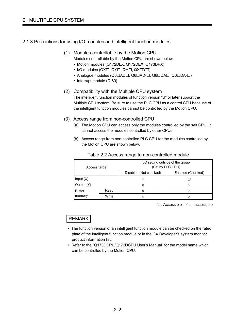 2 multiple cpu system, 2) compatibility with the multiple cpu system, 3) access range from non-controlled cpu | Table 2.2 access range to non-controlled module, Remark | MITSUBISHI ELECTRIC MOTION CONTROLLERS Q172DCPU User Manual | Page 40 / 174