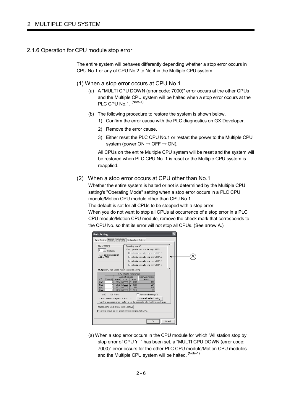 6 operation for cpu module stop error, 2 multiple cpu system, 1) when a stop error occurs at cpu no.1 | 2) when a stop error occurs at cpu other than no.1 | MITSUBISHI ELECTRIC MOTION CONTROLLERS Q172DCPU User Manual | Page 43 / 174