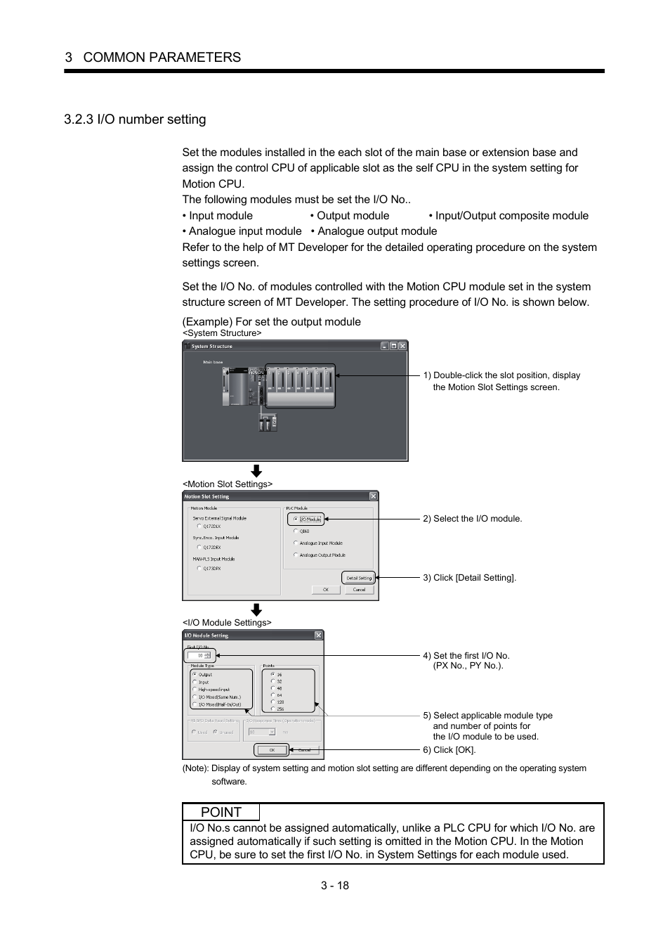 3 i/o number setting, 3 common parameters, Point | MITSUBISHI ELECTRIC MOTION CONTROLLERS Q172DCPU User Manual | Page 87 / 174