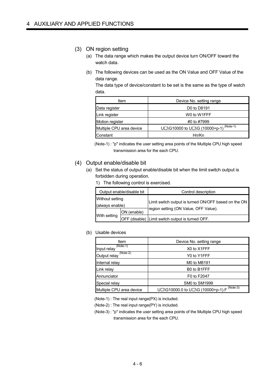 4 auxiliary and applied functions, 3) on region setting, 4) output enable/disable bit | MITSUBISHI ELECTRIC MOTION CONTROLLERS Q172DCPU User Manual | Page 97 / 174