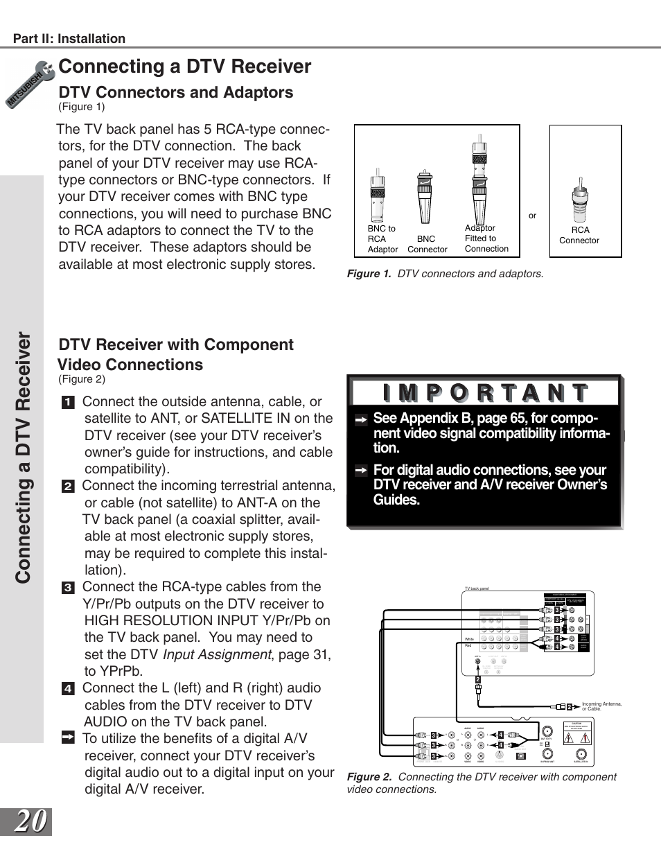 Dtv connectors and adaptors, Dtv receiver with component video connections, Part ii: installation | MITSUBISHI ELECTRIC WS-65819 User Manual | Page 20 / 72