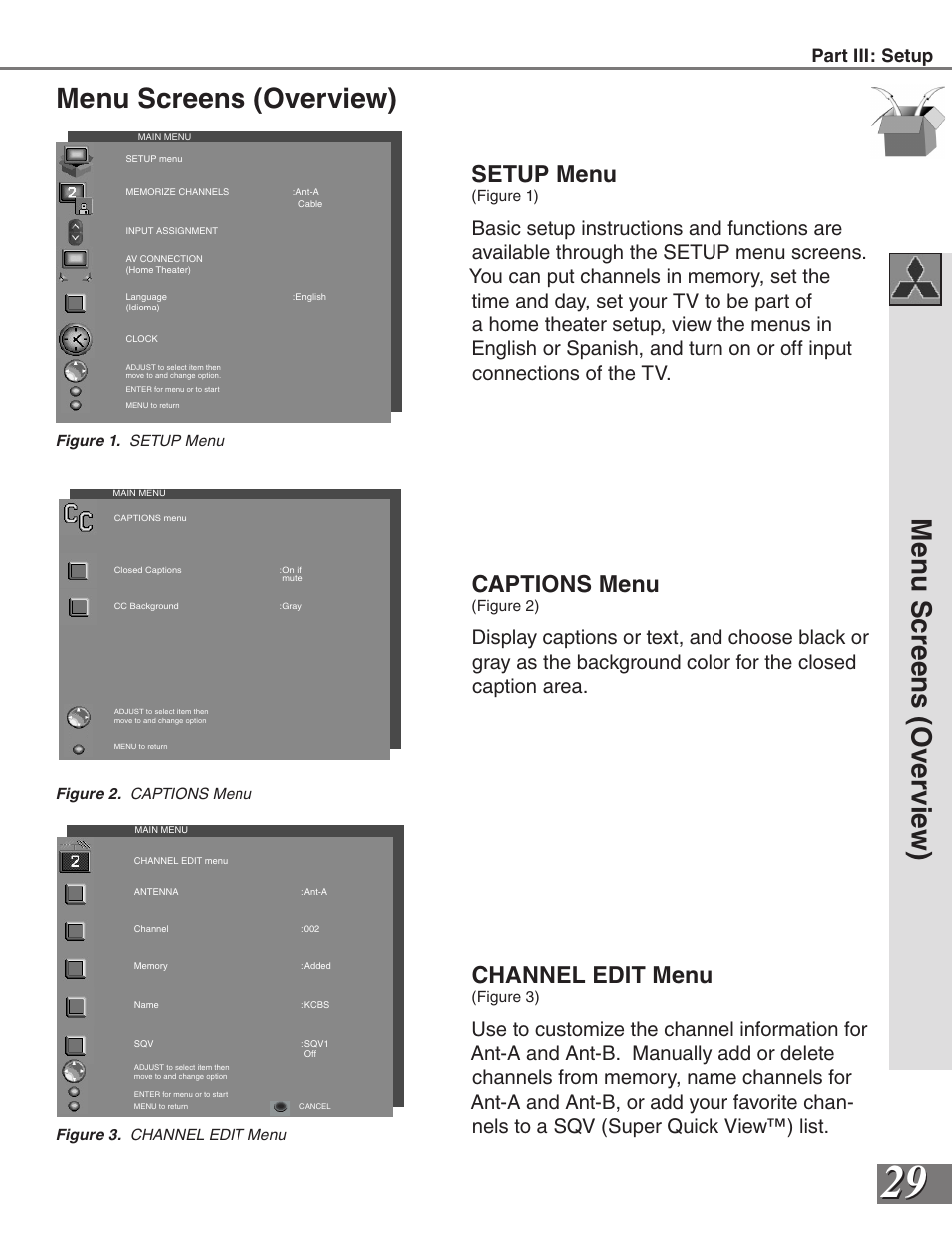 Menu screens (overview), Men u s cr ee ns ( o ve rv ie w ), Setup menu | Captions menu, Channel edit menu | MITSUBISHI ELECTRIC WS-65819 User Manual | Page 29 / 72