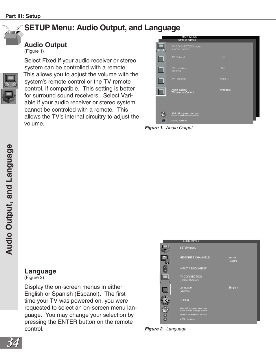 Setup menu: audio output, and language, Aud io o ut pu t, a nd l an gu ag e, Audio output | Language | MITSUBISHI ELECTRIC WS-65819 User Manual | Page 34 / 72