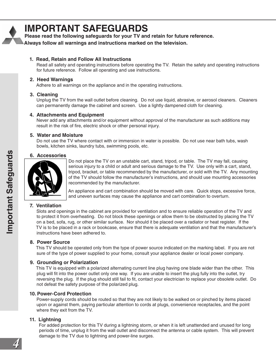 Important safeguards, Im po rt an t s af eg ua rd s | MITSUBISHI ELECTRIC WS-65819 User Manual | Page 4 / 72