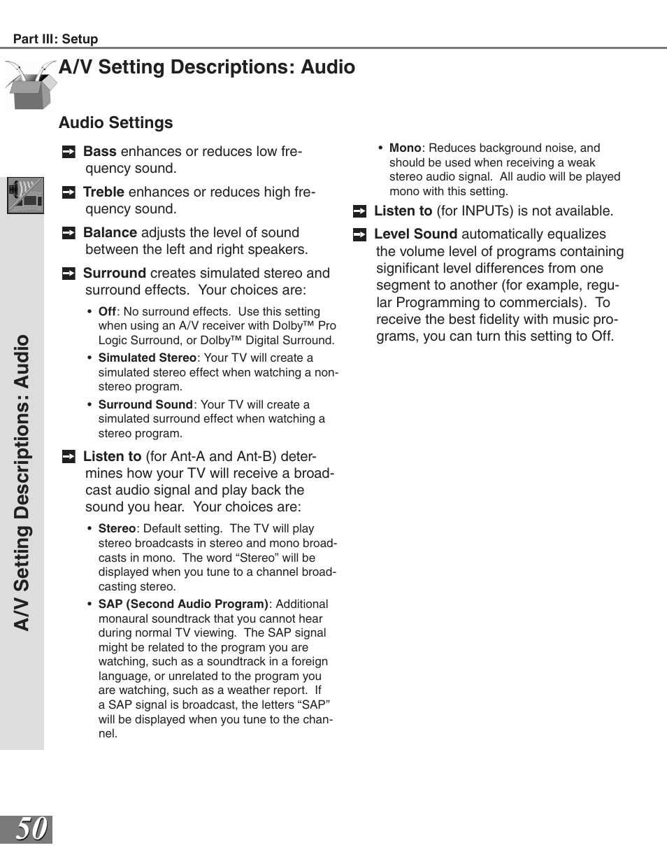 A/v setting descriptions: audio, A/v s et tin g d es cr ip tio ns : a ud io | MITSUBISHI ELECTRIC WS-65819 User Manual | Page 50 / 72