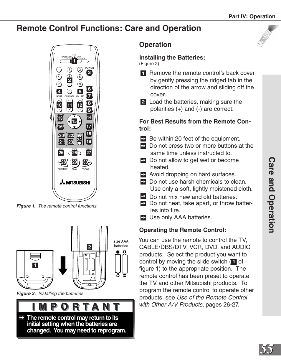 Car e a nd o pe ra tio n, Remote control functions: care and operation, Operation | Installing the batteries | MITSUBISHI ELECTRIC WS-65819 User Manual | Page 55 / 72