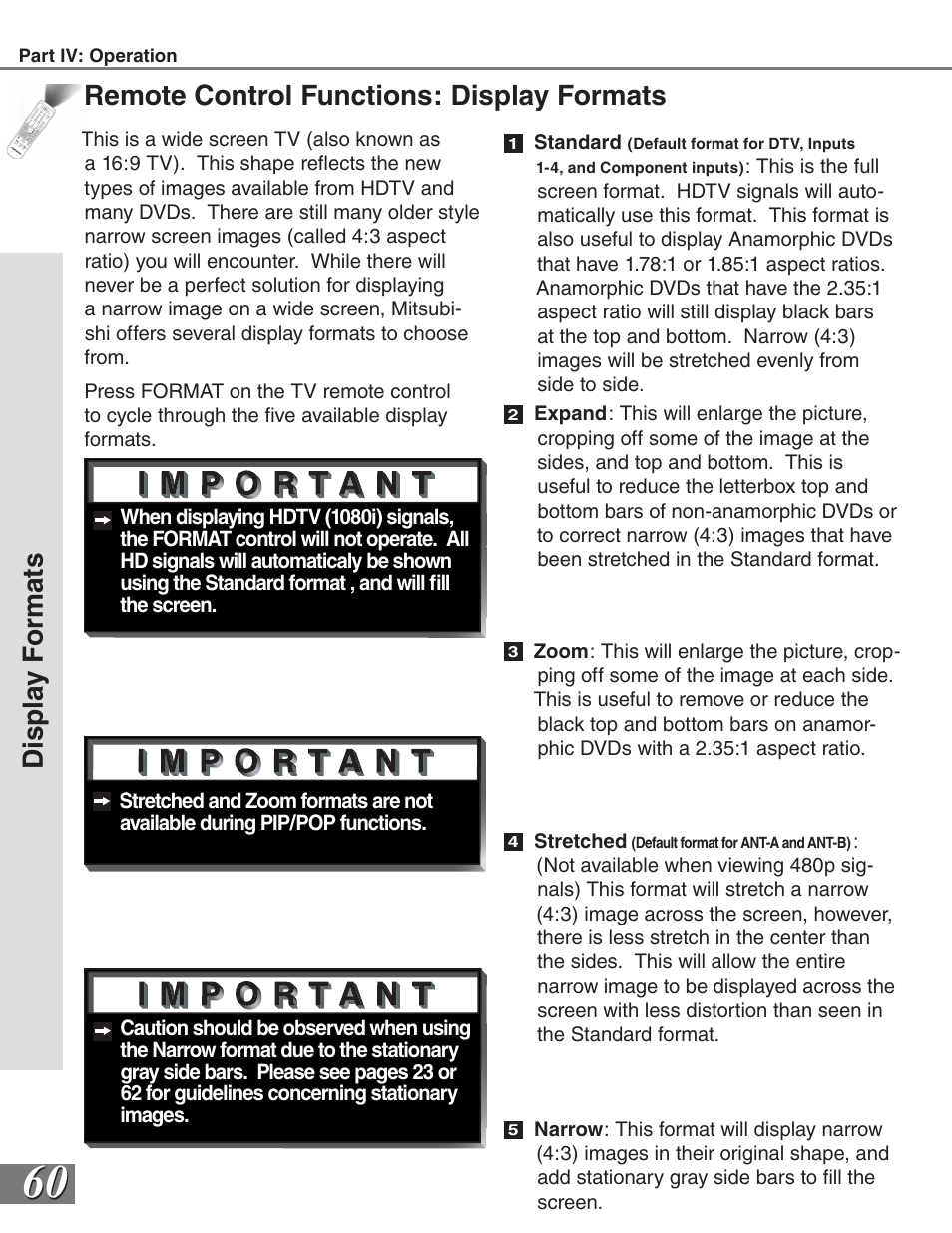 Remote control functions: display formats, Dis pl ay f or m at s | MITSUBISHI ELECTRIC WS-65819 User Manual | Page 60 / 72