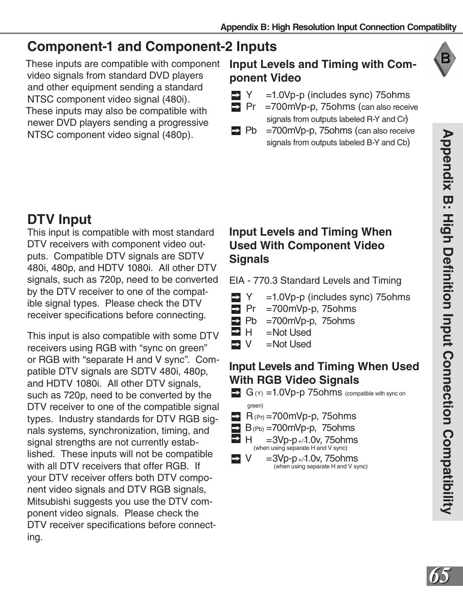 Component-1 and component-2 inputs, Dtv input | MITSUBISHI ELECTRIC WS-65819 User Manual | Page 65 / 72