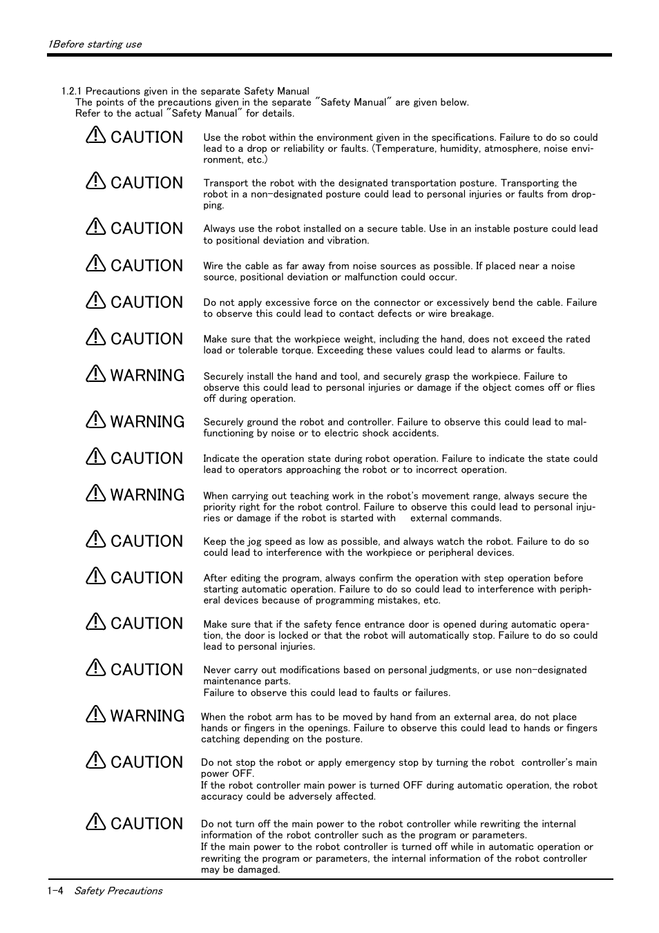 1 precautions given in the separate safety manual, Caution, Warning | MITSUBISHI ELECTRIC Mitsubishi Industrial Robot RV-6S User Manual | Page 14 / 78