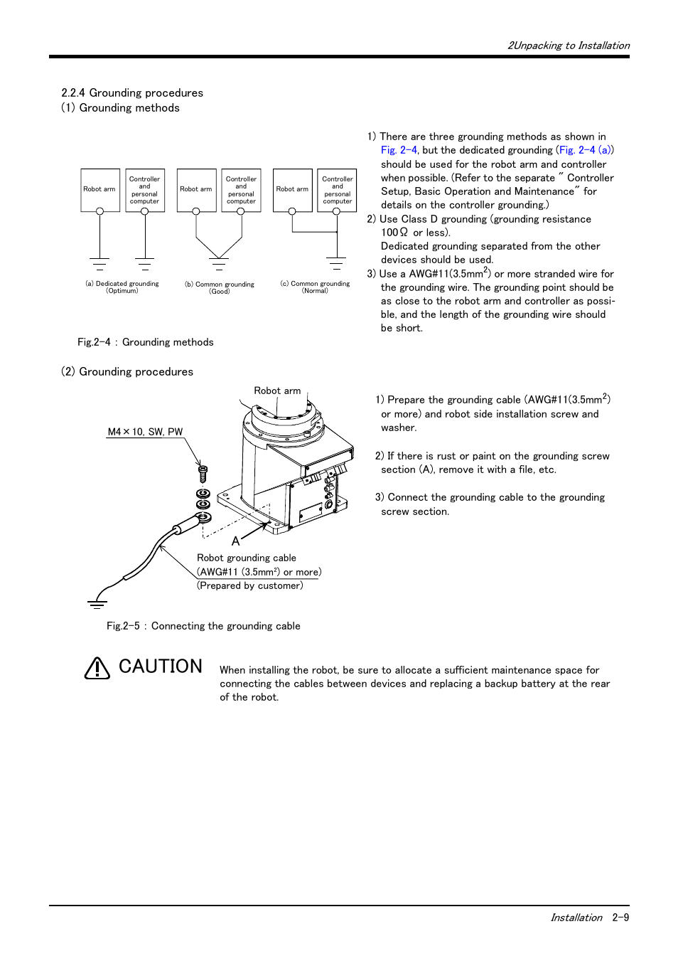 4 grounding procedures, 1) grounding methods, 2) grounding procedures | 4 grounding procedures -9, Caution | MITSUBISHI ELECTRIC Mitsubishi Industrial Robot RV-6S User Manual | Page 19 / 78