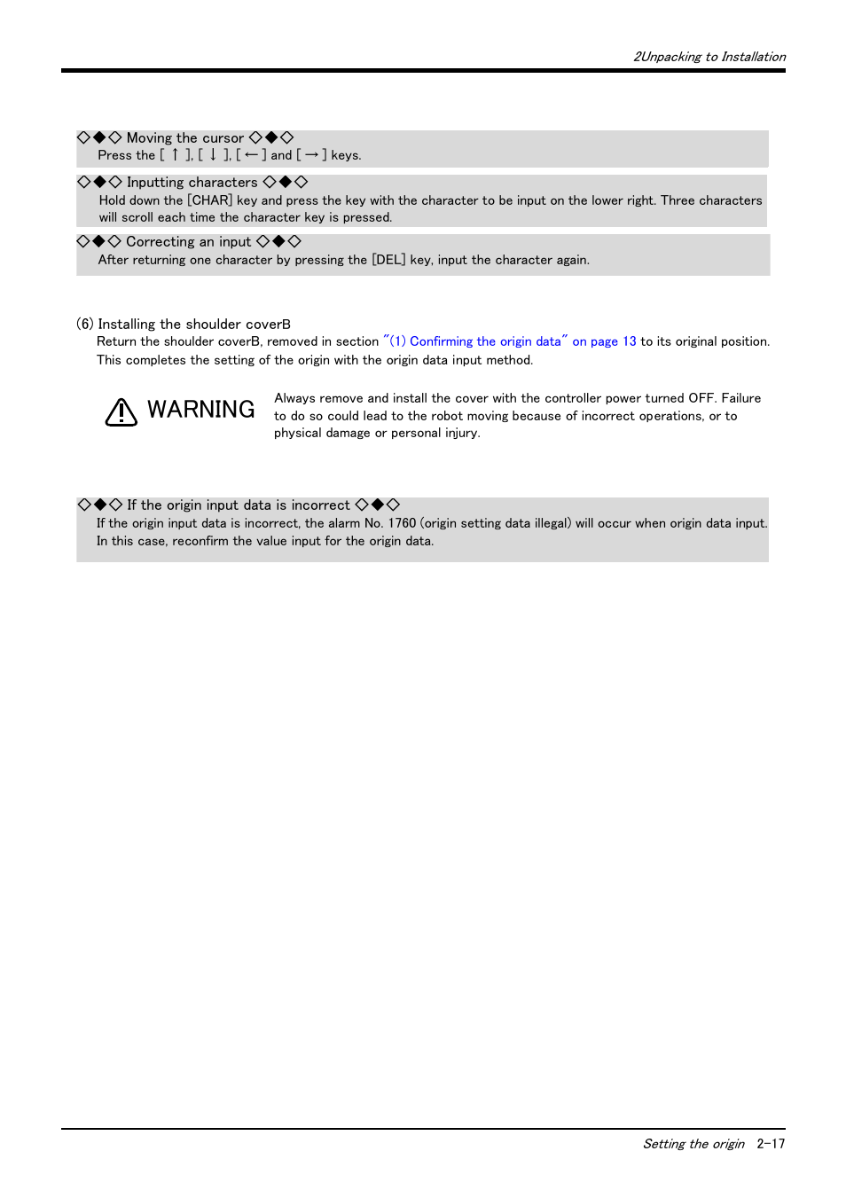 6) installing the shoulder coverb, 6) installing the shoulder coverb -17, Warning | MITSUBISHI ELECTRIC Mitsubishi Industrial Robot RV-6S User Manual | Page 27 / 78