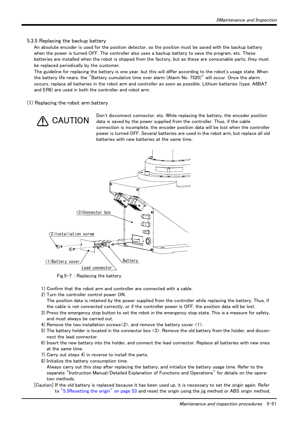 5 replacing the backup battery, 1) replacing the robot arm battery, 5 replacing the backup battery -51 | 1) replacing the robot arm battery -51, 5replacing the backup, Caution | MITSUBISHI ELECTRIC Mitsubishi Industrial Robot RV-6S User Manual | Page 61 / 78