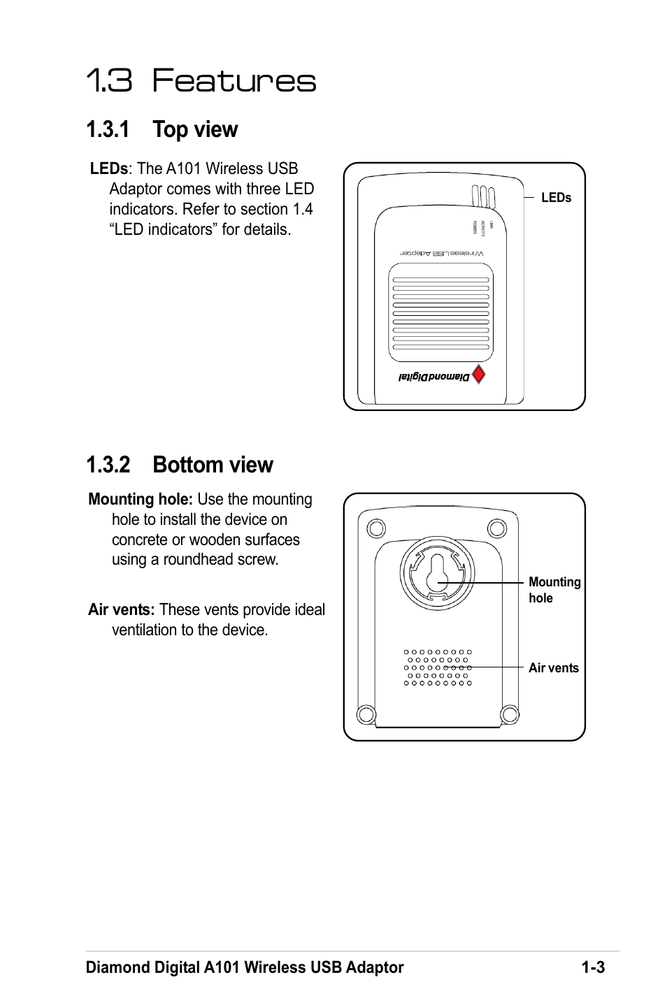 3 features, 1 top view, 2 bottom view | MITSUBISHI ELECTRIC A101 User Manual | Page 10 / 46