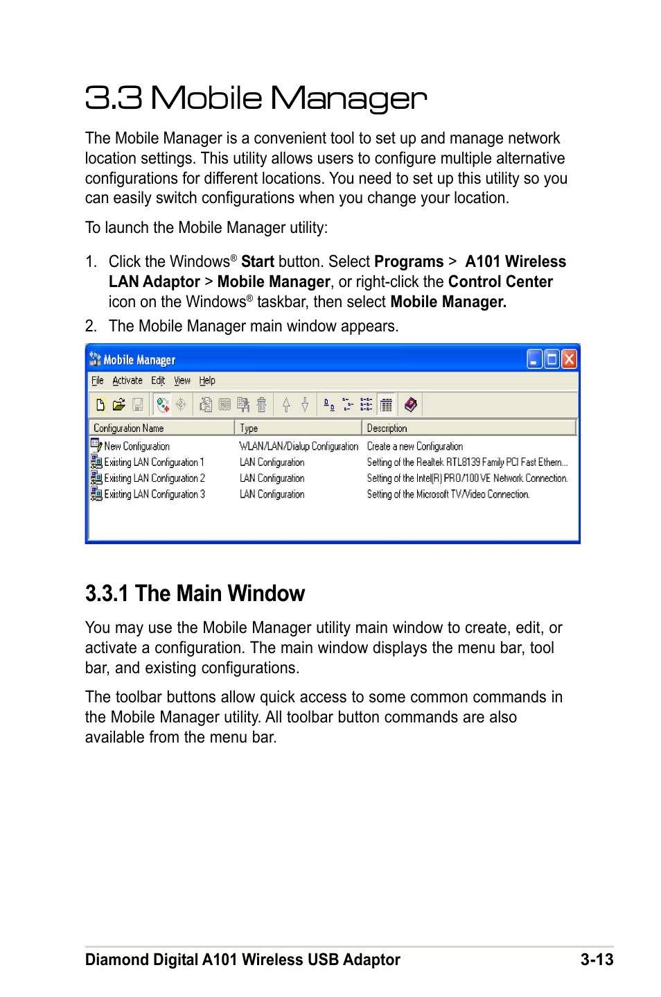 3 mobile manager, 1 the main window | MITSUBISHI ELECTRIC A101 User Manual | Page 29 / 46