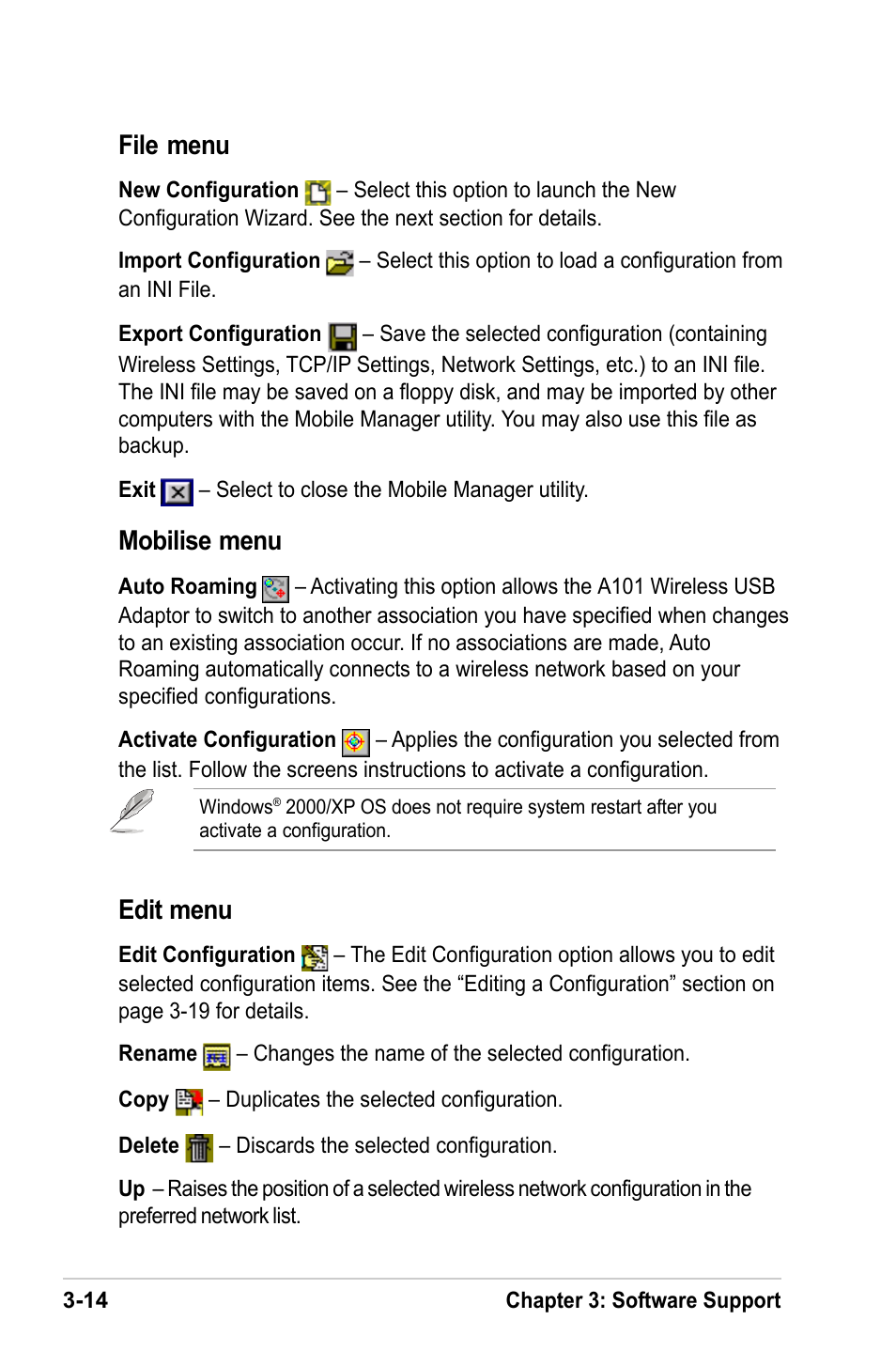 File menu, Mobilise menu, Edit menu | MITSUBISHI ELECTRIC A101 User Manual | Page 30 / 46