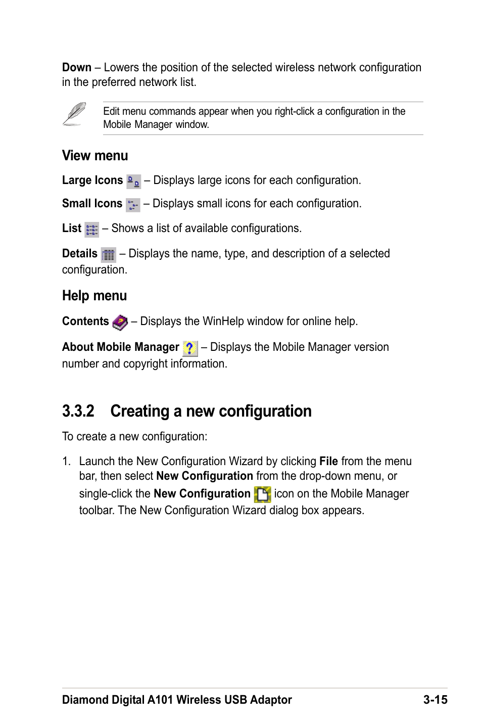2 creating a new configuration, View menu, Help menu | MITSUBISHI ELECTRIC A101 User Manual | Page 31 / 46