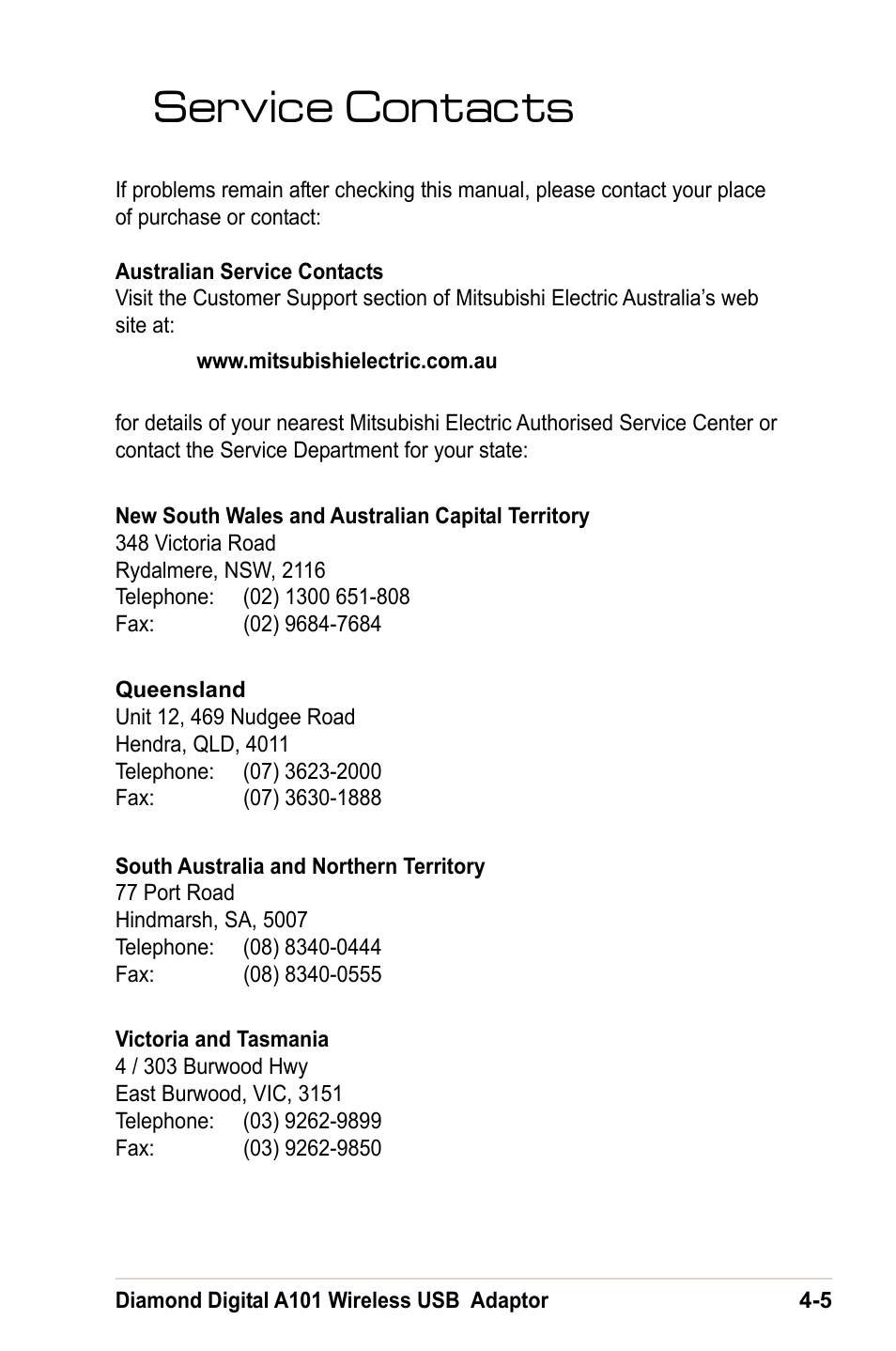 Service contacts | MITSUBISHI ELECTRIC A101 User Manual | Page 45 / 46