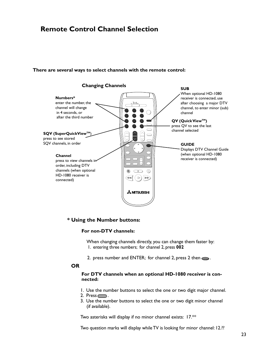 Remote control channel selection, Using the number buttons, Changing channels | MITSUBISHI ELECTRIC WT-46805 User Manual | Page 23 / 88