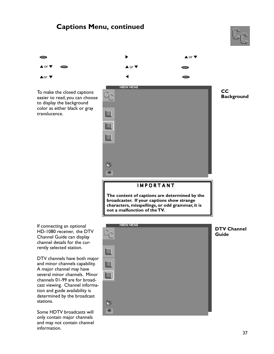 Captions menu, continued, Cc background, Dtv channel guide | MITSUBISHI ELECTRIC WT-46805 User Manual | Page 37 / 88