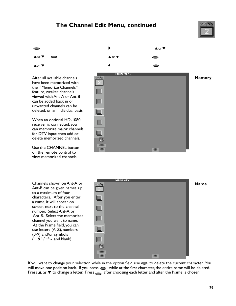 The channel edit menu, continued, Or remote control menu selection | MITSUBISHI ELECTRIC WT-46805 User Manual | Page 39 / 88