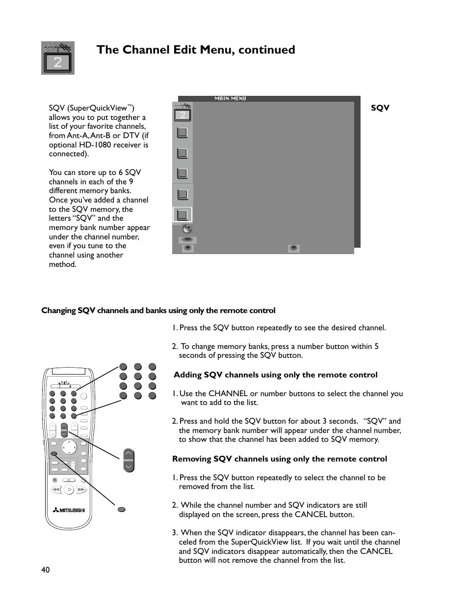 The channel edit menu, continued, 40 sqv (superquickview | MITSUBISHI ELECTRIC WT-46805 User Manual | Page 40 / 88