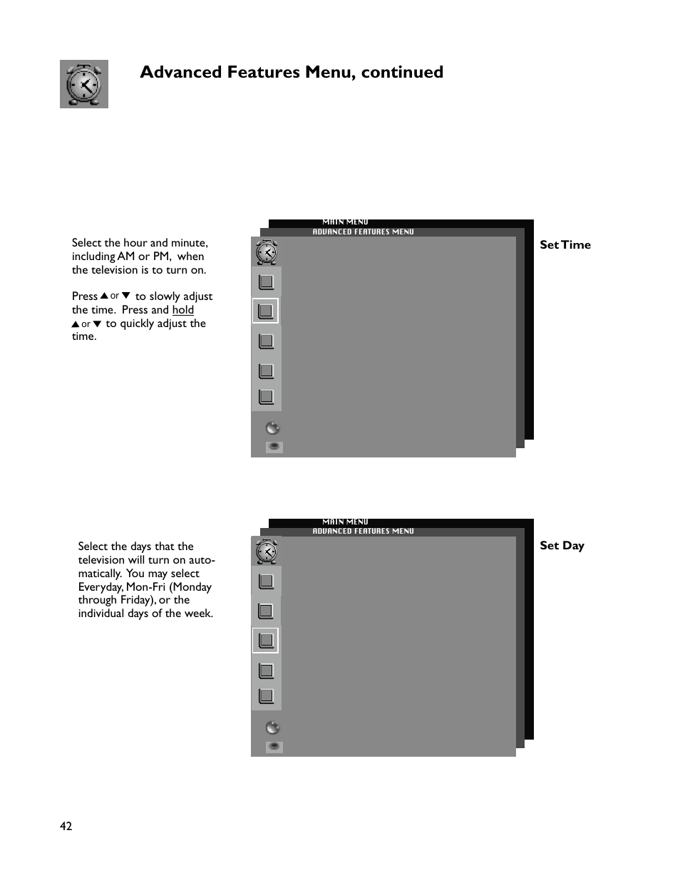 Advanced features menu, continued | MITSUBISHI ELECTRIC WT-46805 User Manual | Page 42 / 88