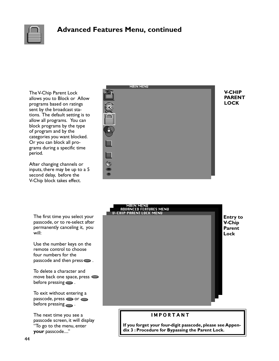 Advanced features menu, continued, Entry to v-chip parent lock, V-chip parent lock | MITSUBISHI ELECTRIC WT-46805 User Manual | Page 44 / 88