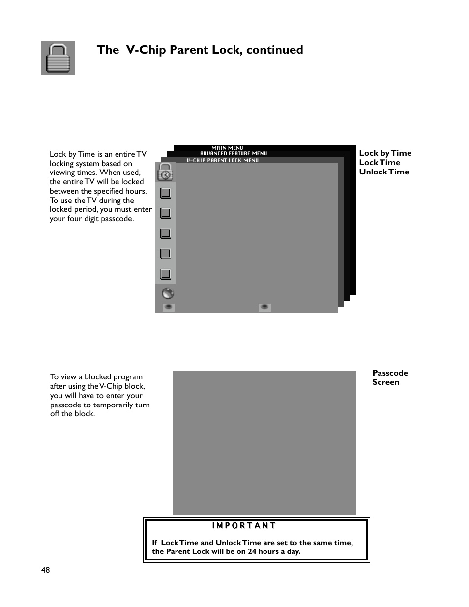 The v-chip parent lock, continued, Passcode screen | MITSUBISHI ELECTRIC WT-46805 User Manual | Page 48 / 88