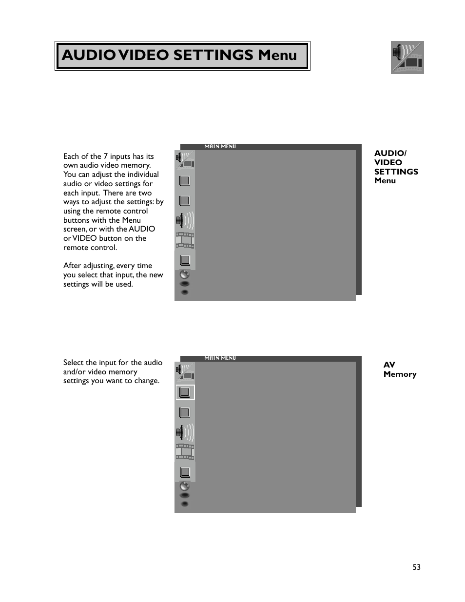 Audio video settings menu | MITSUBISHI ELECTRIC WT-46805 User Manual | Page 53 / 88