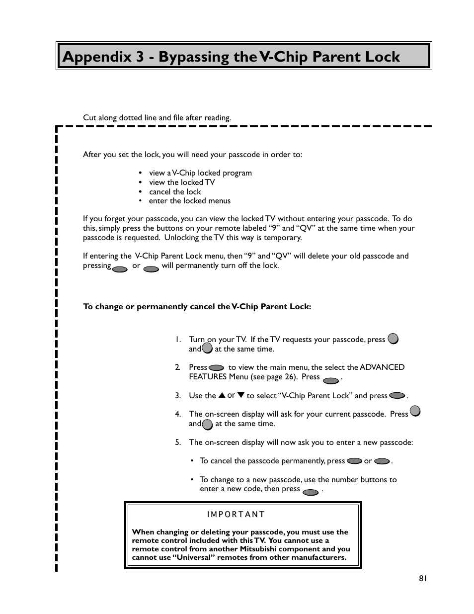 Appendix 3 - bypassing the v-chip parent lock | MITSUBISHI ELECTRIC WT-46805 User Manual | Page 81 / 88