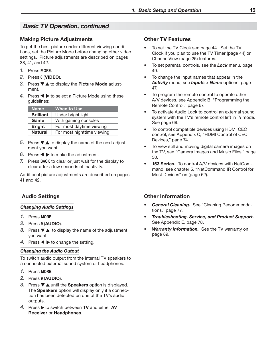 Basic tv operation, continued | MITSUBISHI ELECTRIC UNISEN LT-46153 User Manual | Page 15 / 94