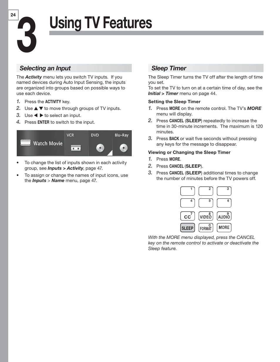 3 using tv features, Selecting an input, Sleep timer | Using tv features | MITSUBISHI ELECTRIC UNISEN LT-46153 User Manual | Page 24 / 94