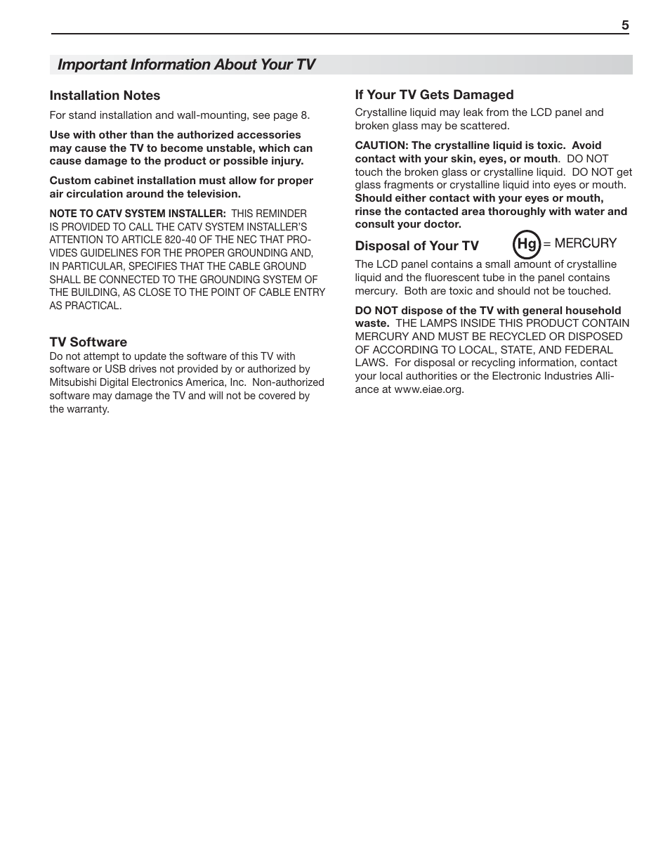 Important information about your tv | MITSUBISHI ELECTRIC UNISEN LT-46153 User Manual | Page 5 / 94