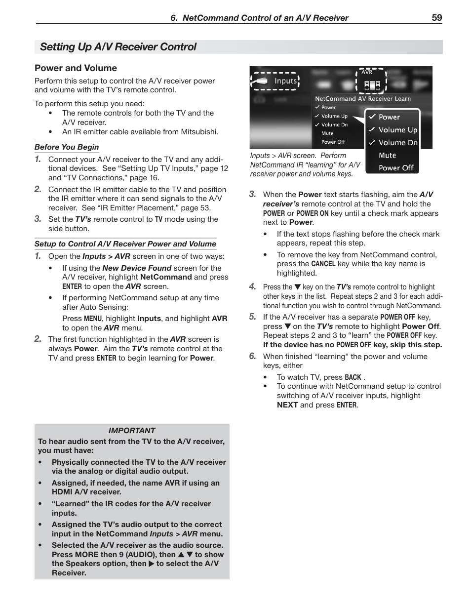 Setting up a/v receiver control, Power and volume | MITSUBISHI ELECTRIC UNISEN LT-46153 User Manual | Page 59 / 94