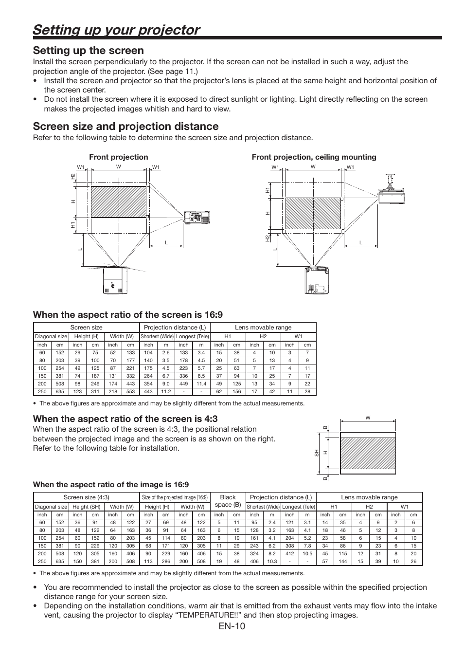 Setting up your projector, Setting up the screen, Screen size and projection distance | En-10, When the aspect ratio of the screen is 16:9, When the aspect ratio of the screen is 4:3 | MITSUBISHI ELECTRIC FL6900U User Manual | Page 10 / 48