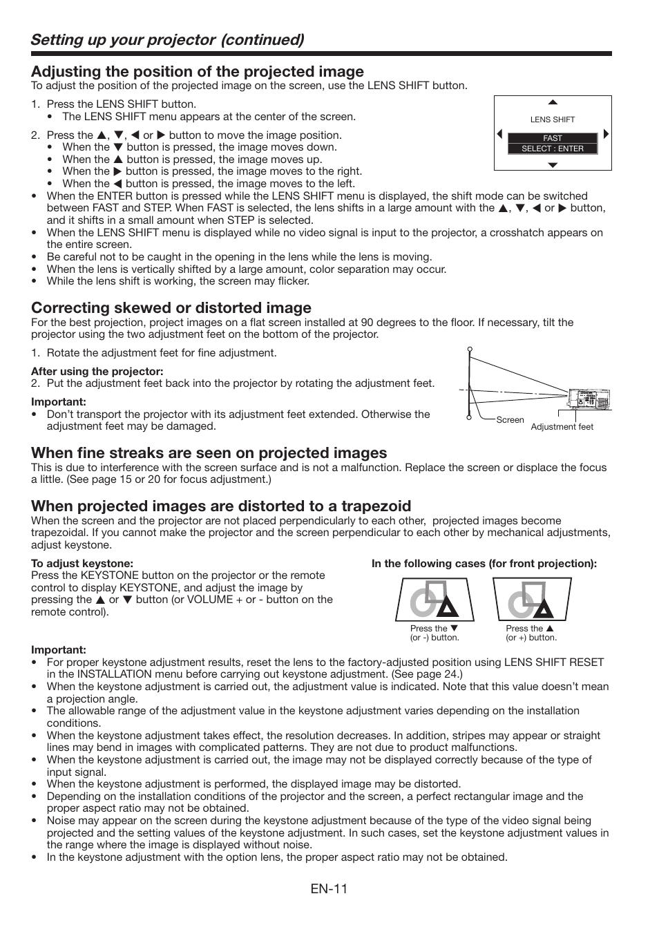 Setting up your projector (continued), Adjusting the position of the projected image, Correcting skewed or distorted image | When fi ne streaks are seen on projected images, When projected images are distorted to a trapezoid | MITSUBISHI ELECTRIC FL6900U User Manual | Page 11 / 48