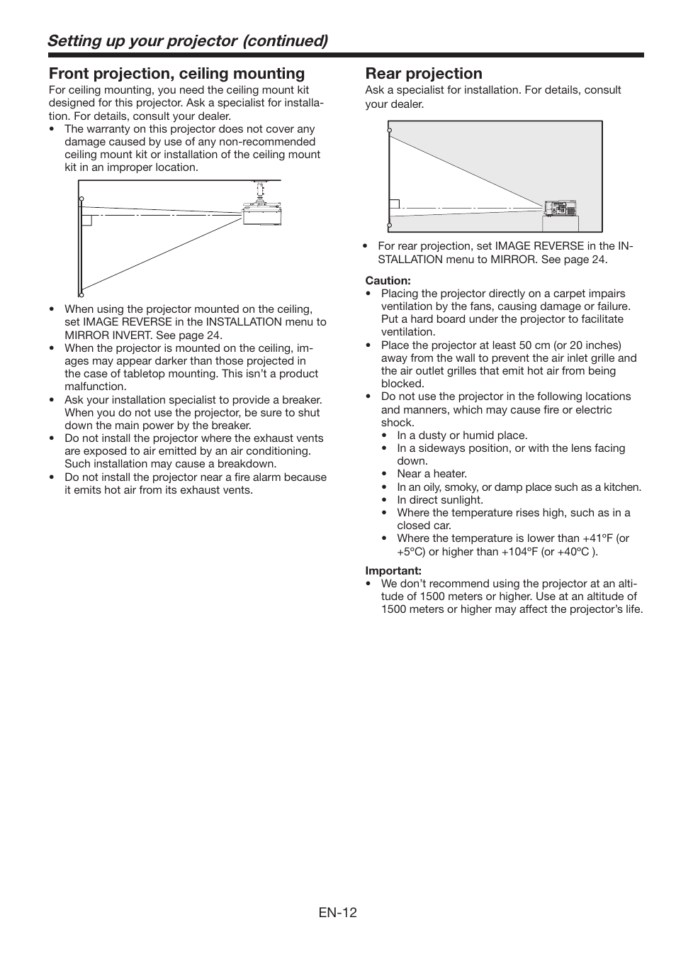 Setting up your projector (continued), Front projection, ceiling mounting, Rear projection | MITSUBISHI ELECTRIC FL6900U User Manual | Page 12 / 48