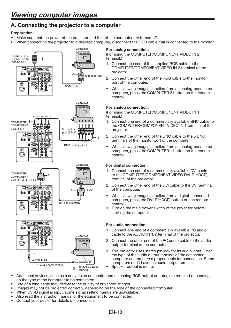 Viewing computer images, A. connecting the projector to a computer, En-13 | MITSUBISHI ELECTRIC FL6900U User Manual | Page 13 / 48