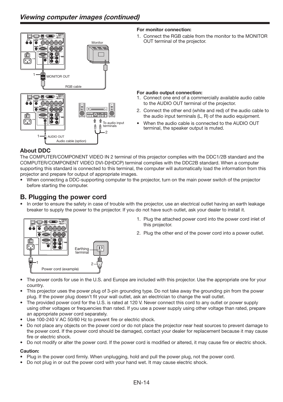 Viewing computer images (continued), B. plugging the power cord, En-14 | About ddc | MITSUBISHI ELECTRIC FL6900U User Manual | Page 14 / 48