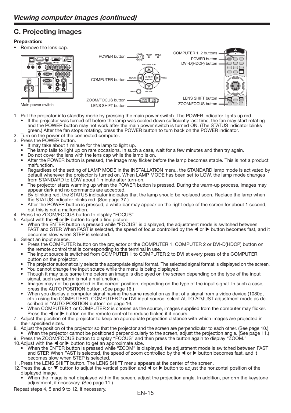 Viewing computer images (continued), C. projecting images, En-15 | MITSUBISHI ELECTRIC FL6900U User Manual | Page 15 / 48