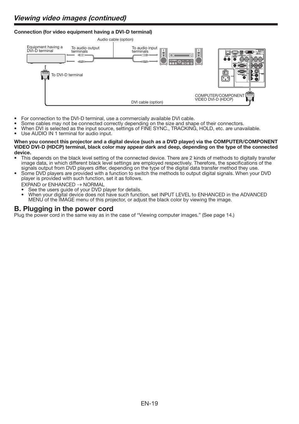 Viewing video images (continued), B. plugging in the power cord, En-19 | MITSUBISHI ELECTRIC FL6900U User Manual | Page 19 / 48