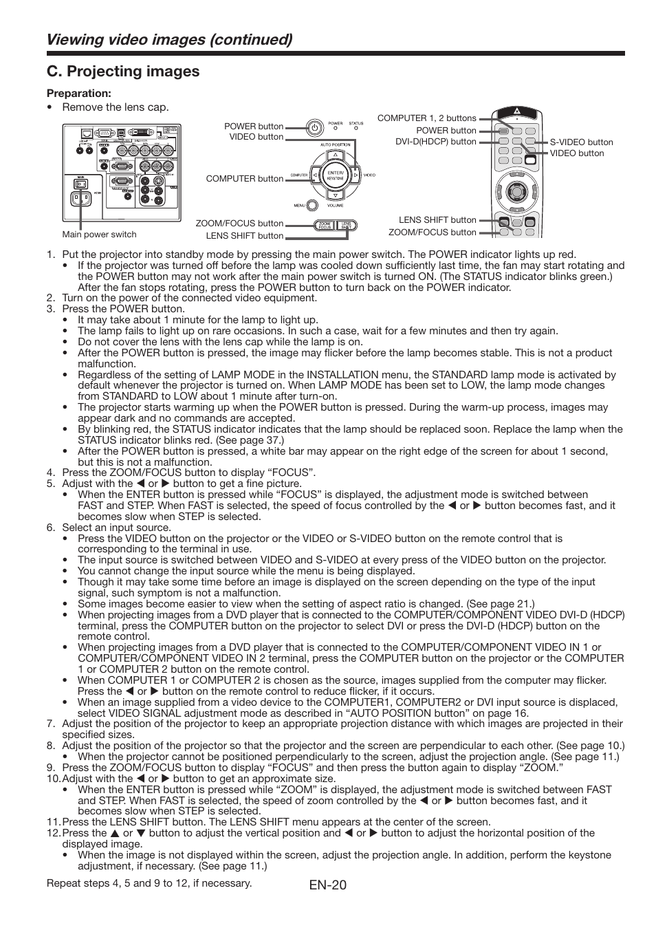 Viewing video images (continued), C. projecting images, En-20 | MITSUBISHI ELECTRIC FL6900U User Manual | Page 20 / 48