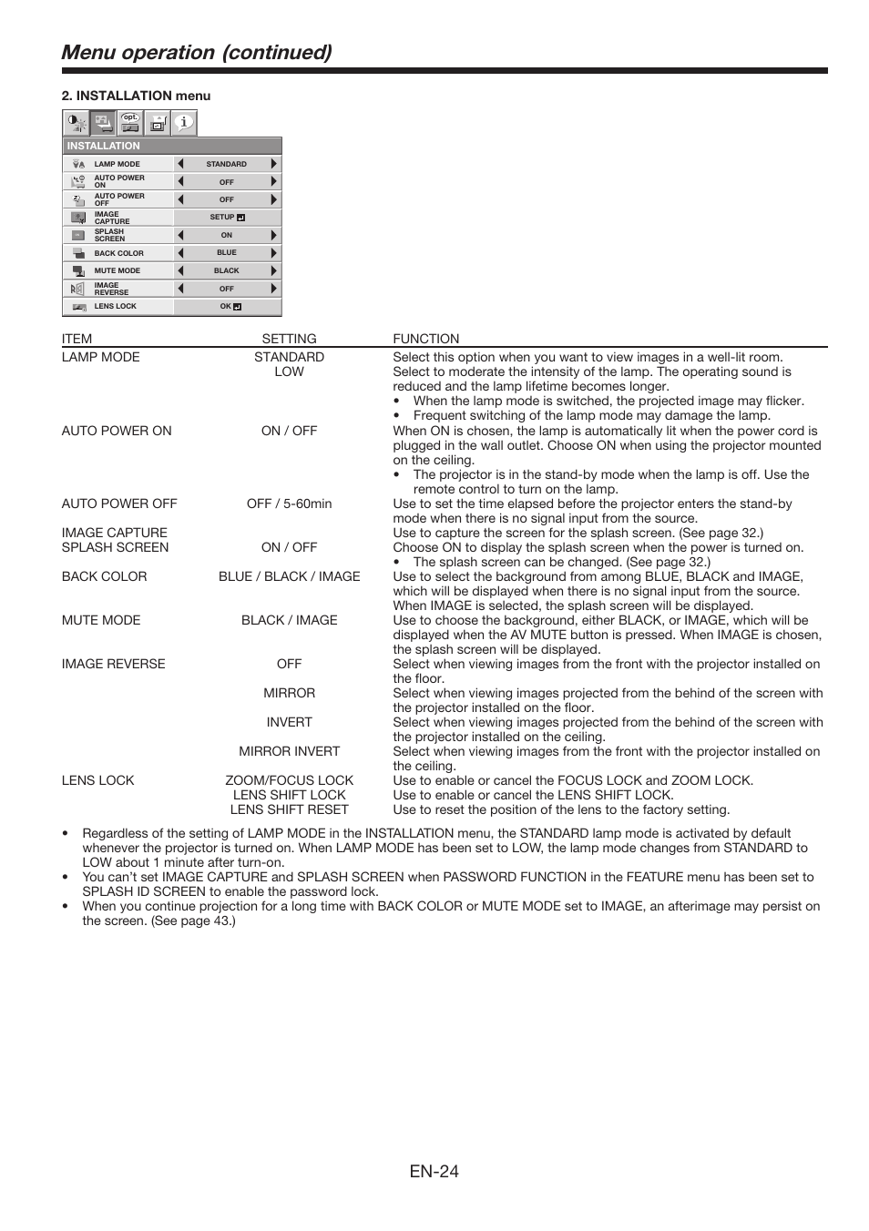 Menu operation (continued), En-24 | MITSUBISHI ELECTRIC FL6900U User Manual | Page 24 / 48