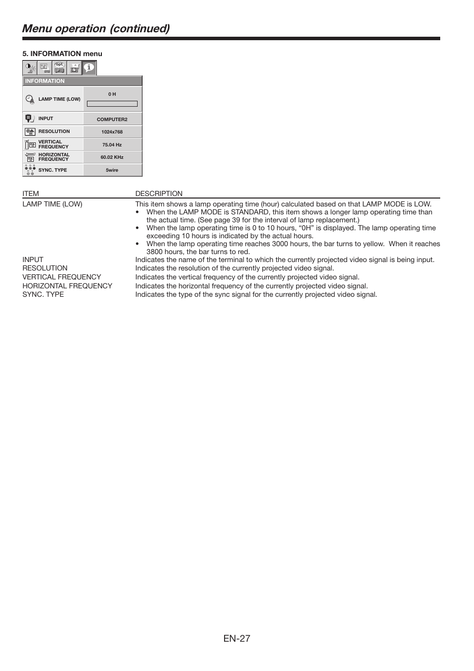 Menu operation (continued), En-27 | MITSUBISHI ELECTRIC FL6900U User Manual | Page 27 / 48