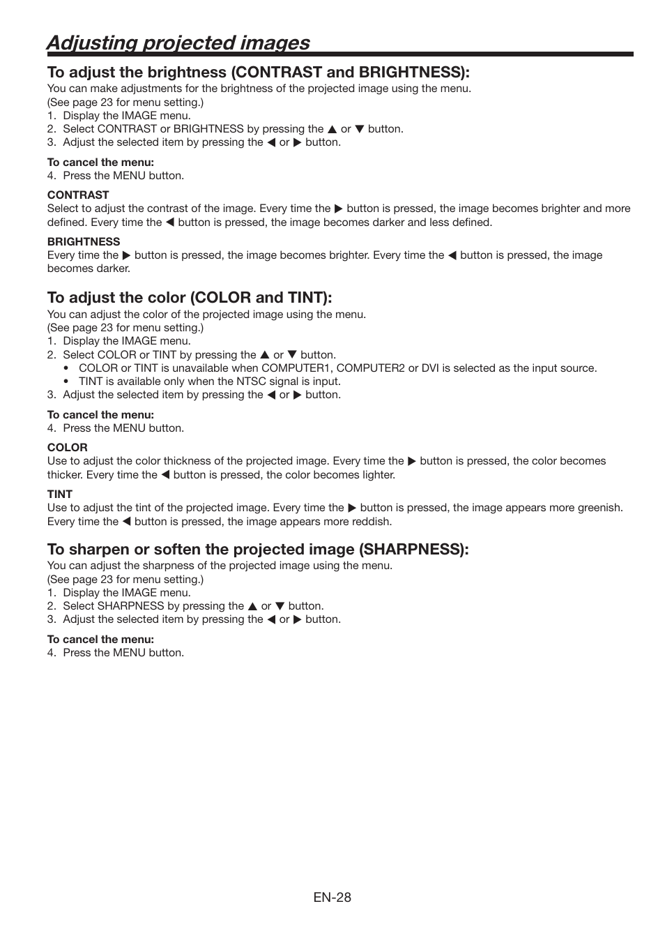 Adjusting projected images | MITSUBISHI ELECTRIC FL6900U User Manual | Page 28 / 48