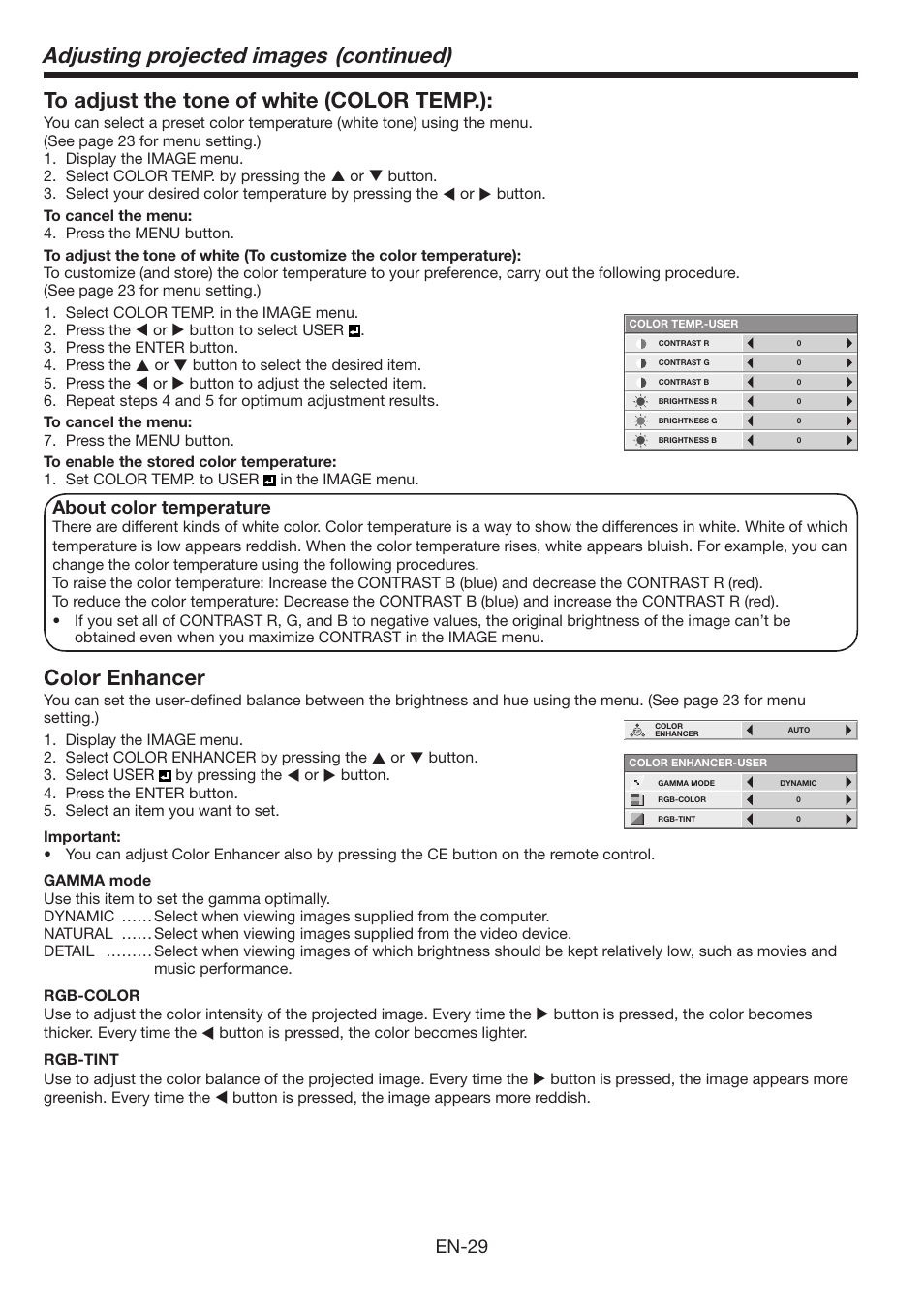 Adjusting projected images (continued), Color enhancer, En-29 | About color temperature | MITSUBISHI ELECTRIC FL6900U User Manual | Page 29 / 48